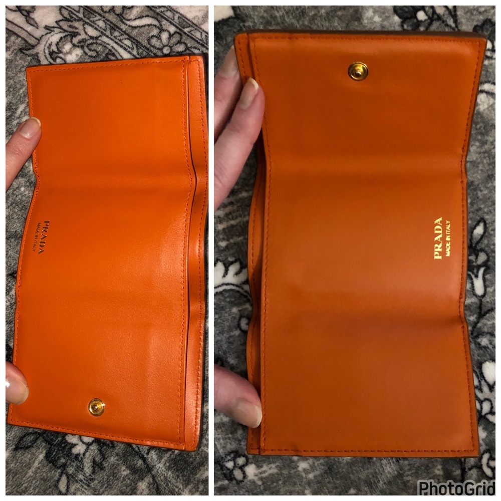Prada AUTHENTIC Tan Leather Orange Interior Trifold Gold Logo Compact Wallet - Picture 14 of 16